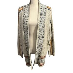 Lucky Brand Women's Boho Festival Aztec Long Line Open Front Cardigan Sz L